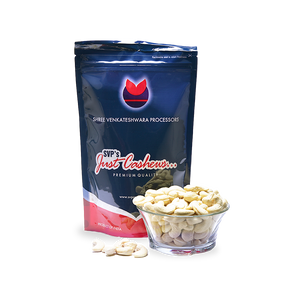 A 500g pack of Cashew Kernels with a bowl of Jumbo Premium Wholes in front