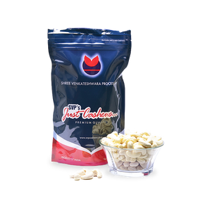 A 500g pack of Cashew Kernels with a bowl of Premium Wholes in front